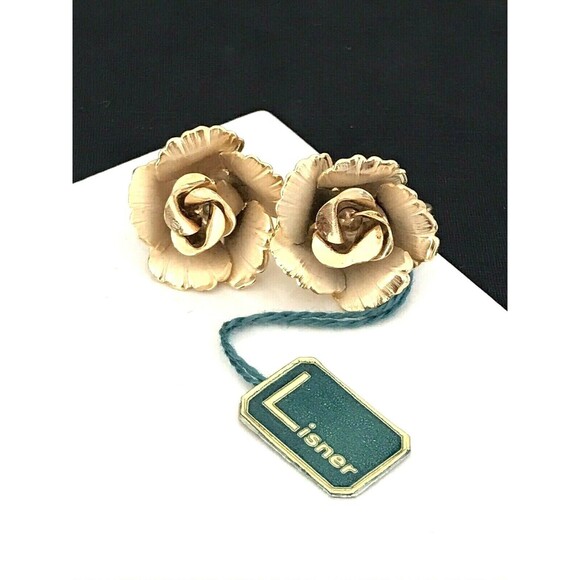 Vintage Lisner Earrings Gold Tone Floral Clip On Original Tags Retro Women's 1F - Picture 3 of 3